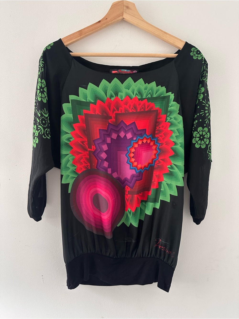 Desigual Black Floral Burst Graphic Tunic Top 3/4 Sleeve maximalist colorful